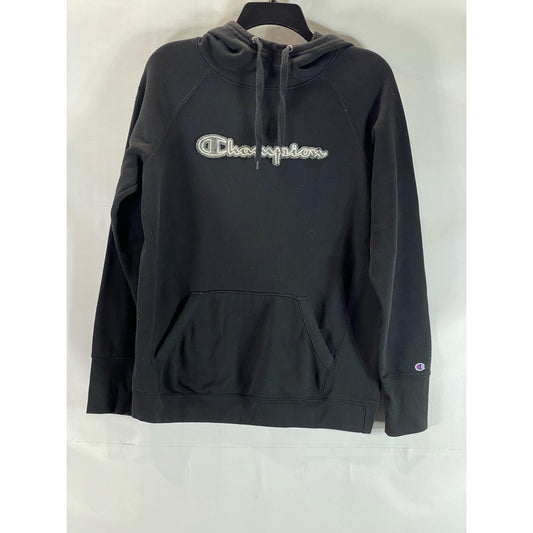 CHAMPION Men's Black Script Logo Patch Regular-Fit Pullover Hoodie SZ M