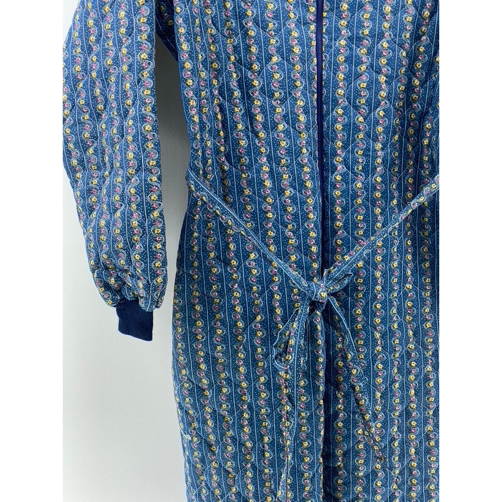 LILLIAN LOROW Women's Blue 1970's Liberty Floral Quilted Belted Jumpsuit SZ S