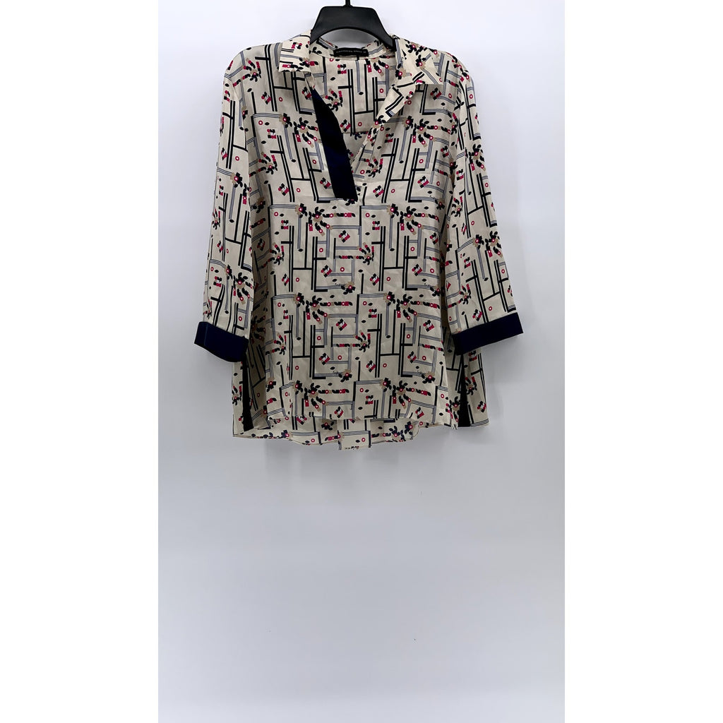 PURIFICACION GARCIA Women's Beige-Navy Printed Split-Neck Blouse SZ 38(US-S)