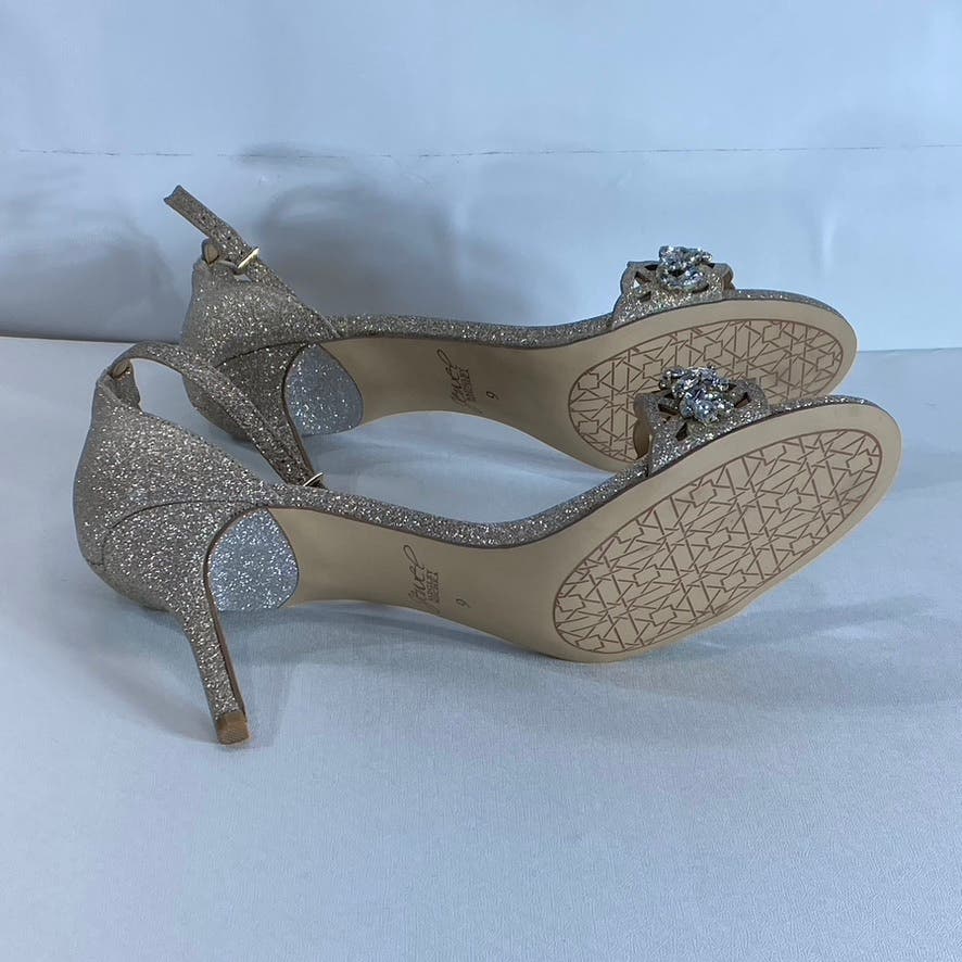 JEWEL BADGLEY MISCHKA Women's Gold Glitter Kirsten Laser Cut Sandals SZ 9