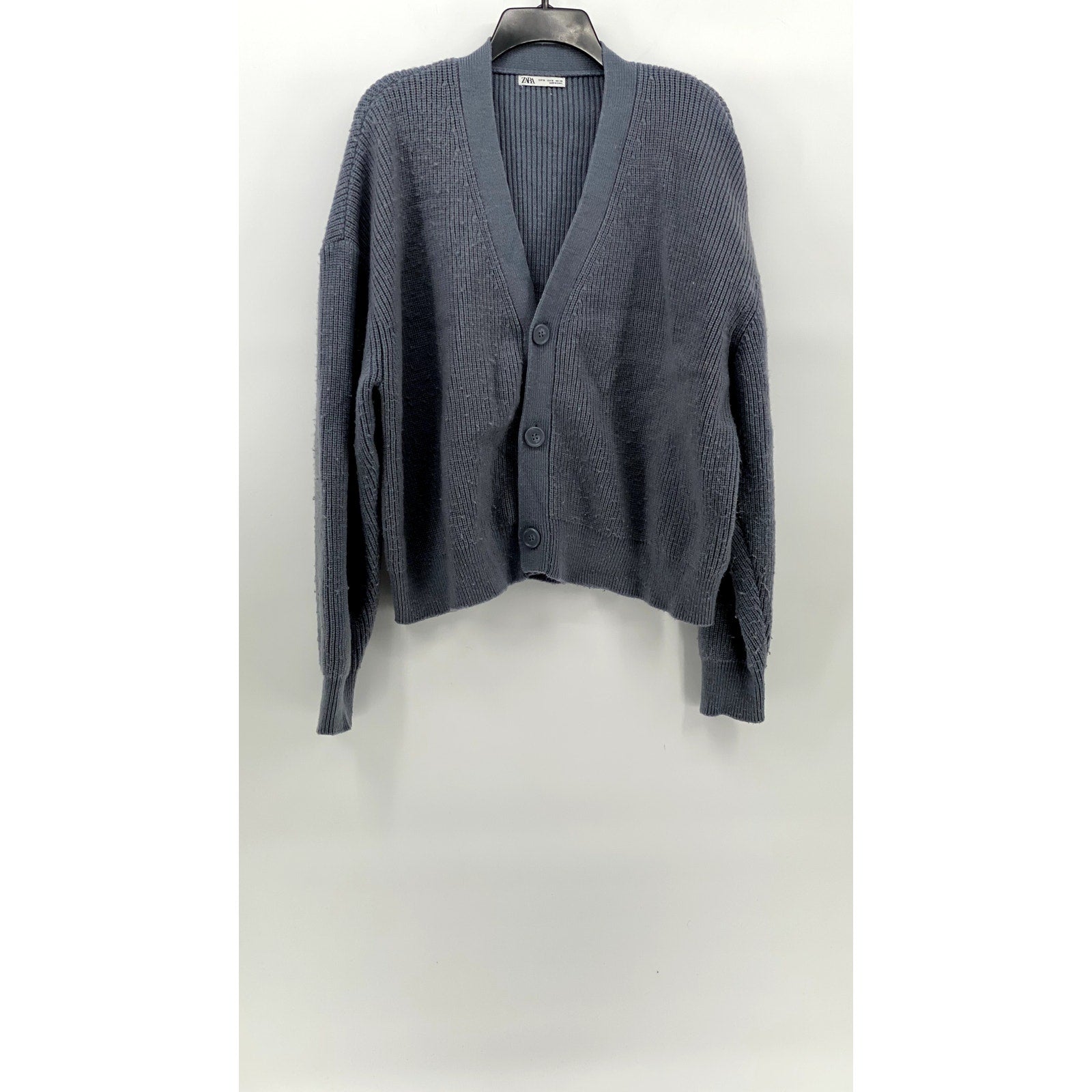 ZARA Men's Blue Ribbed V-Neck Long Sleeve Button-Up Cardigan SZ M