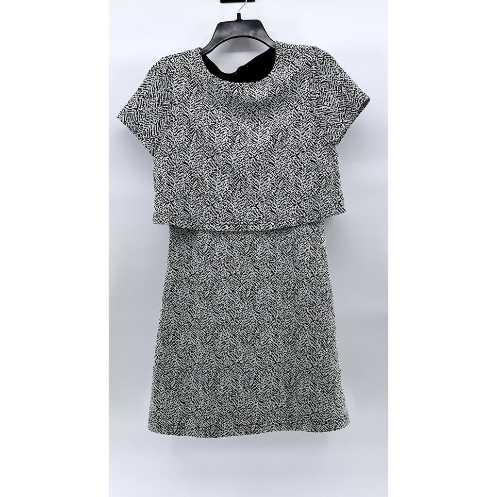 SEED Women's Black-White Printed Crewneck Short Sleeve Knee-Length Dress SZ S