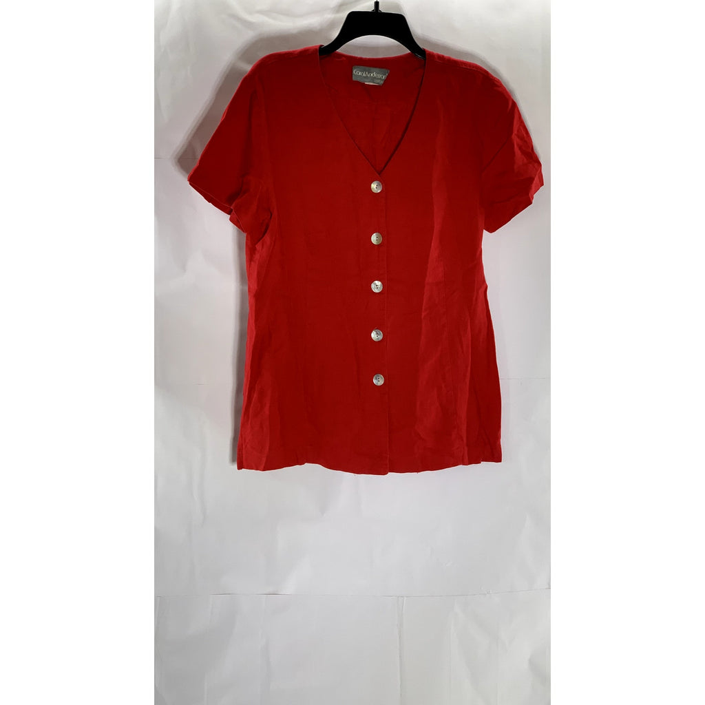 CAROL ANDERSON Women's Vintage Red Linen-Blend V-Neck Button-Up Top SZ 12