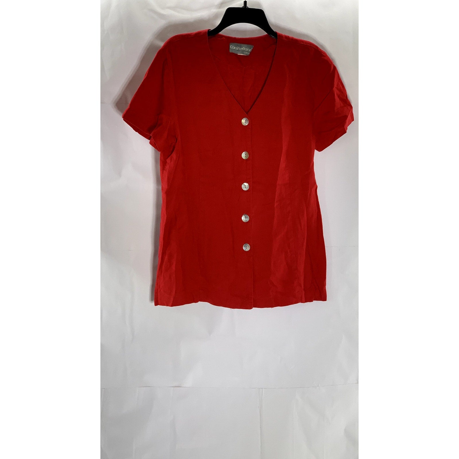 CAROL ANDERSON Women's Vintage Red Linen-Blend V-Neck Button-Up Top SZ 12