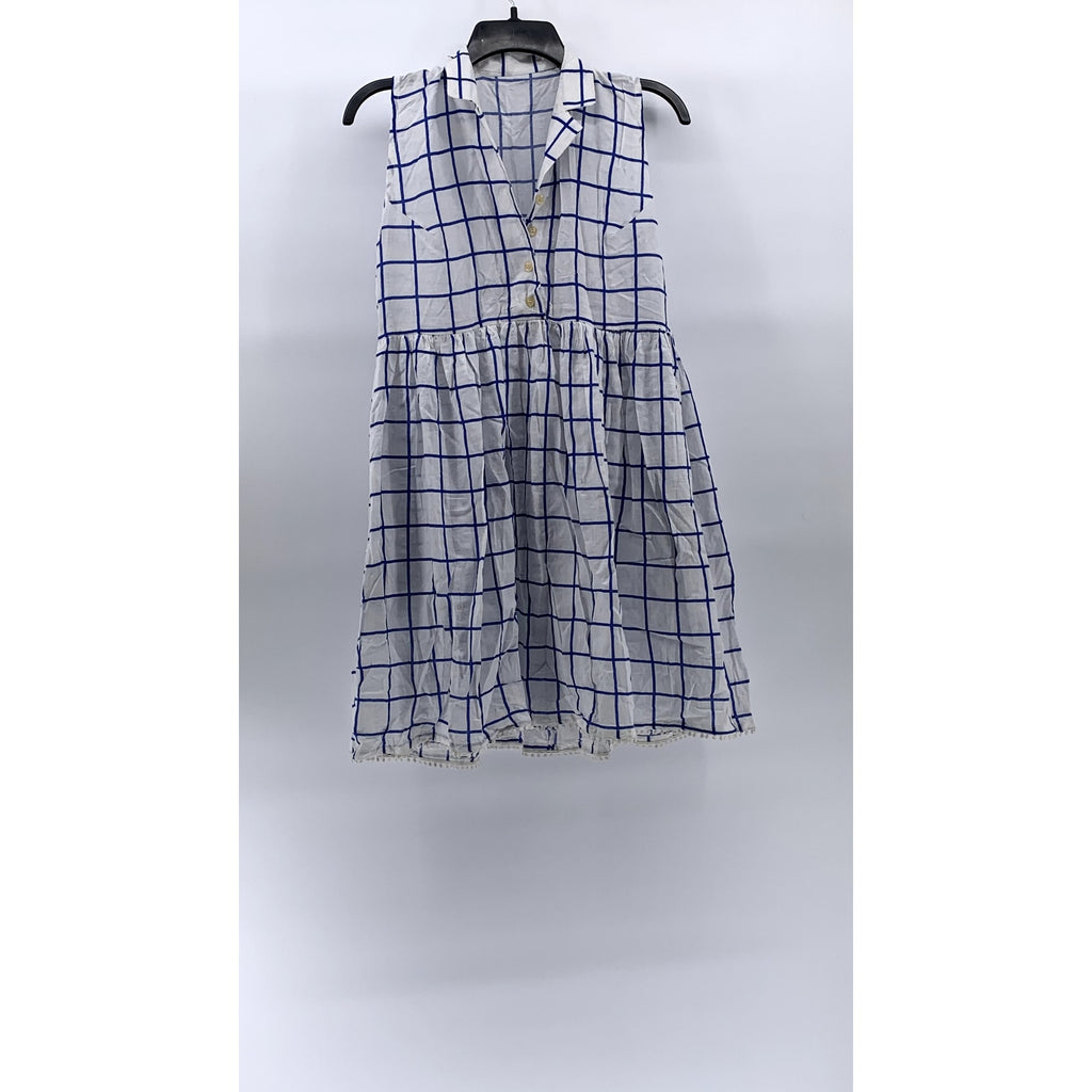 UNBRANDED Women's Blue-White Windowpane Half-Button Sleeveless Mini Dress SZ S
