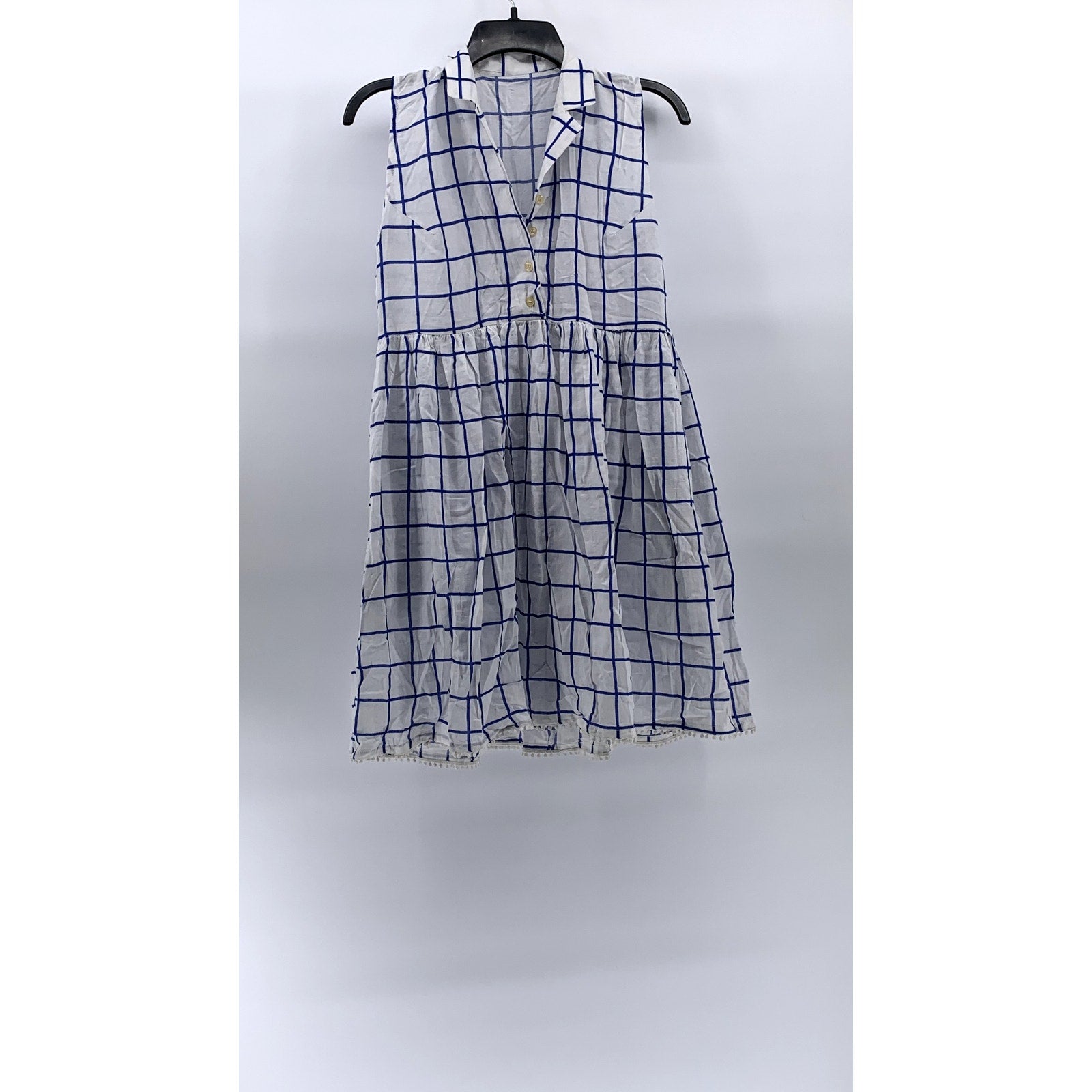 UNBRANDED Women's Blue-White Windowpane Half-Button Sleeveless Mini Dress SZ S