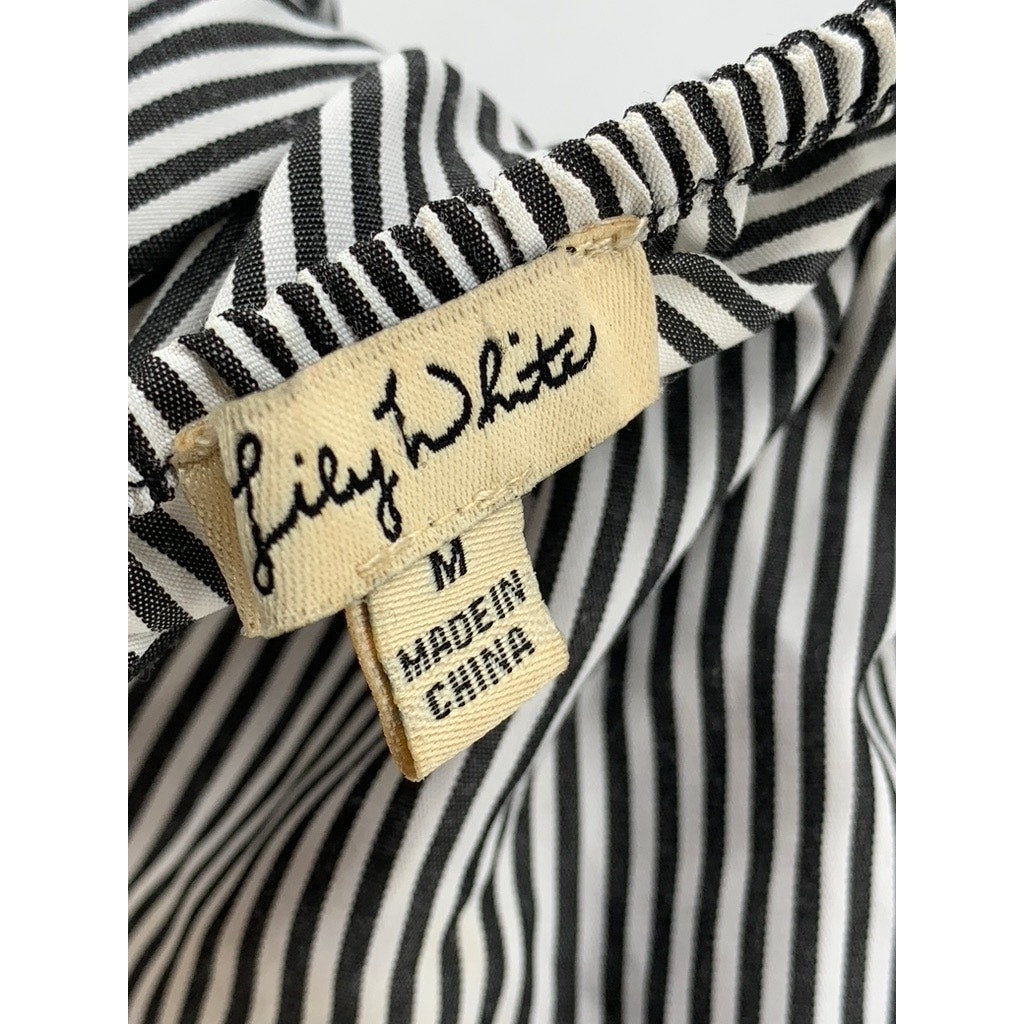 LILY WHITE Women's Black-White Striped Off-The-Shoulder Tie Hem Ruffle Top SZ M