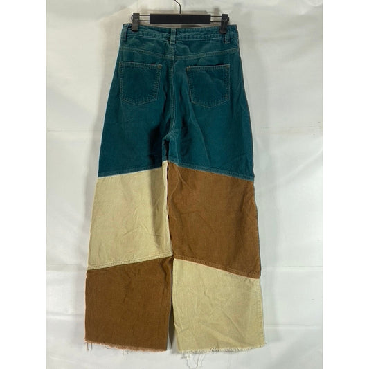 SHEIN Women's Multicolor Patchwork Straight Loose-Fit Raw-Hem Corduroy Pant SZ S
