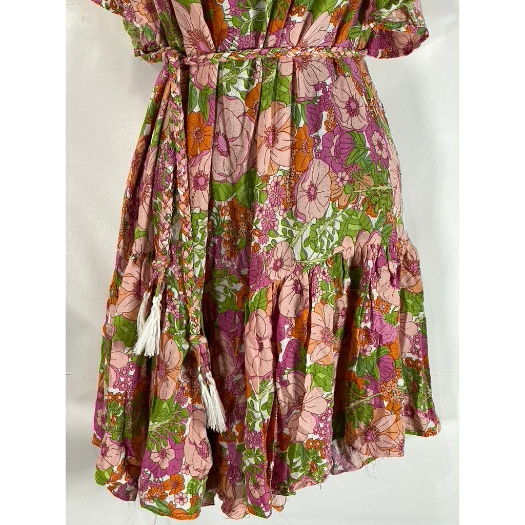 RACHEL ZOE Women's Green/Pink Floral Print Ruffle Belted Mini Dress SZ S