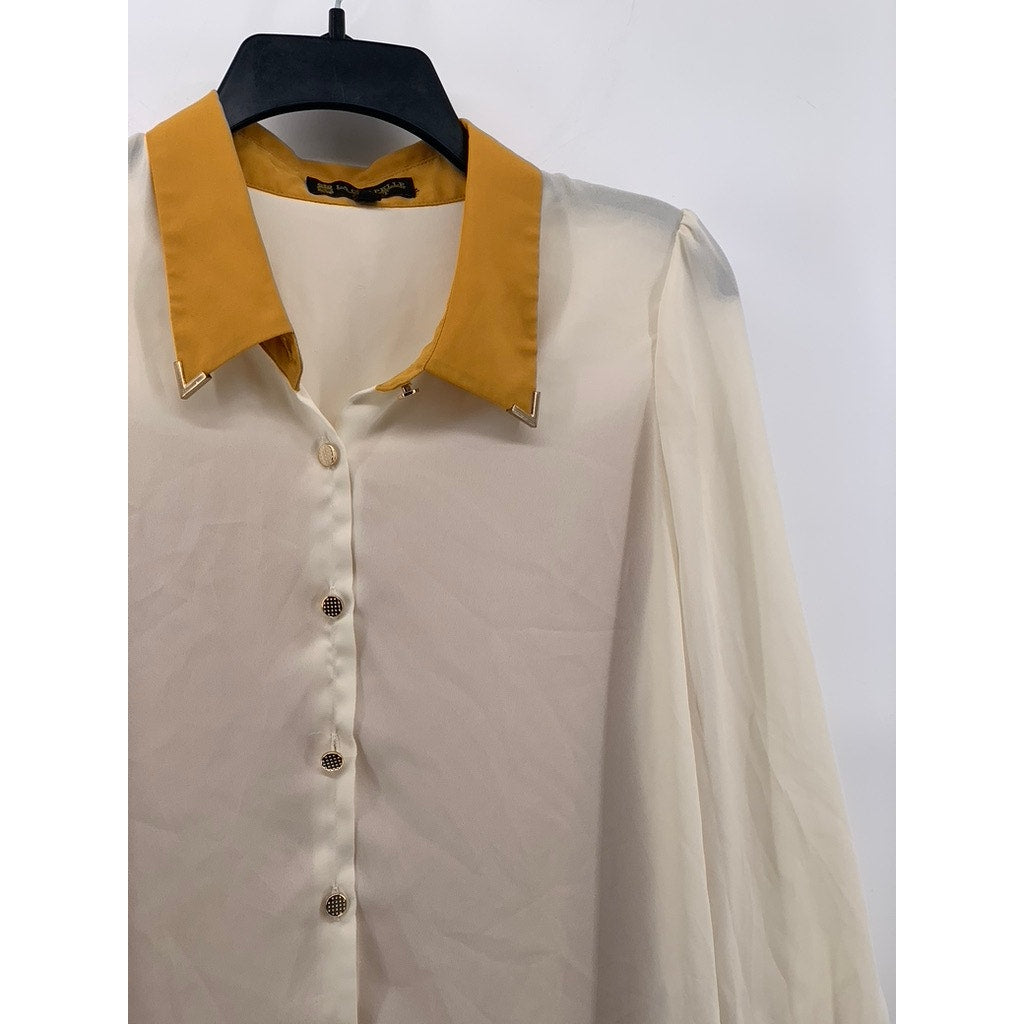 LA CHAPELLE SPORT Women's Tan-White Sheer Button-Up Top SZ 40(US8)