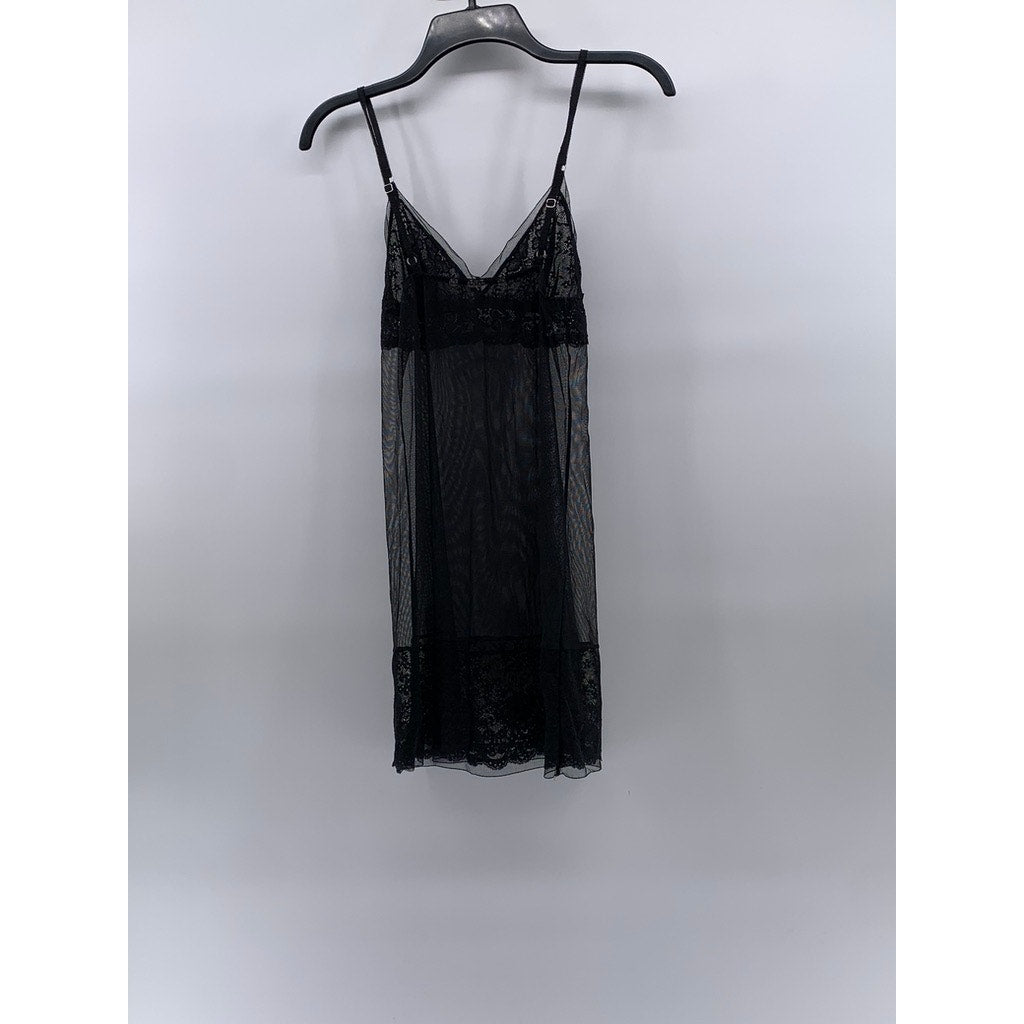 UNBRANDED Women's Black Lace Trim Sheer V-Neck Spaghetti Strap Night Gown SZ S