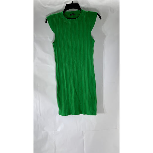 ZARA Women's Green Rib Knit Crewneck Cap Short Sleeve Mini A-Line Dress SZ M
