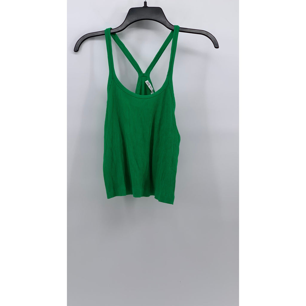 ZARA Women's Green Ribbed Scoop-Neck Spaghetti Strap Casual Tank Top SZ M