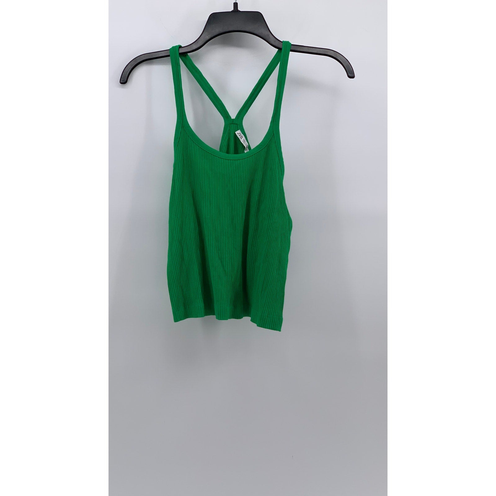 ZARA Women's Green Ribbed Scoop-Neck Spaghetti Strap Casual Tank Top SZ M