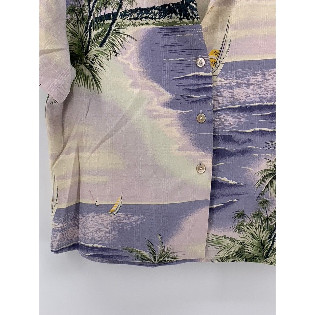 TOMMY BAHAMA Women's Blue Vintage Tropical Button-Up Silk Top SZ L