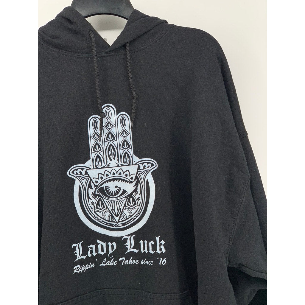GILDAN Unisex Black-White Lady Luck Graphic Hoodie SZ 2XL