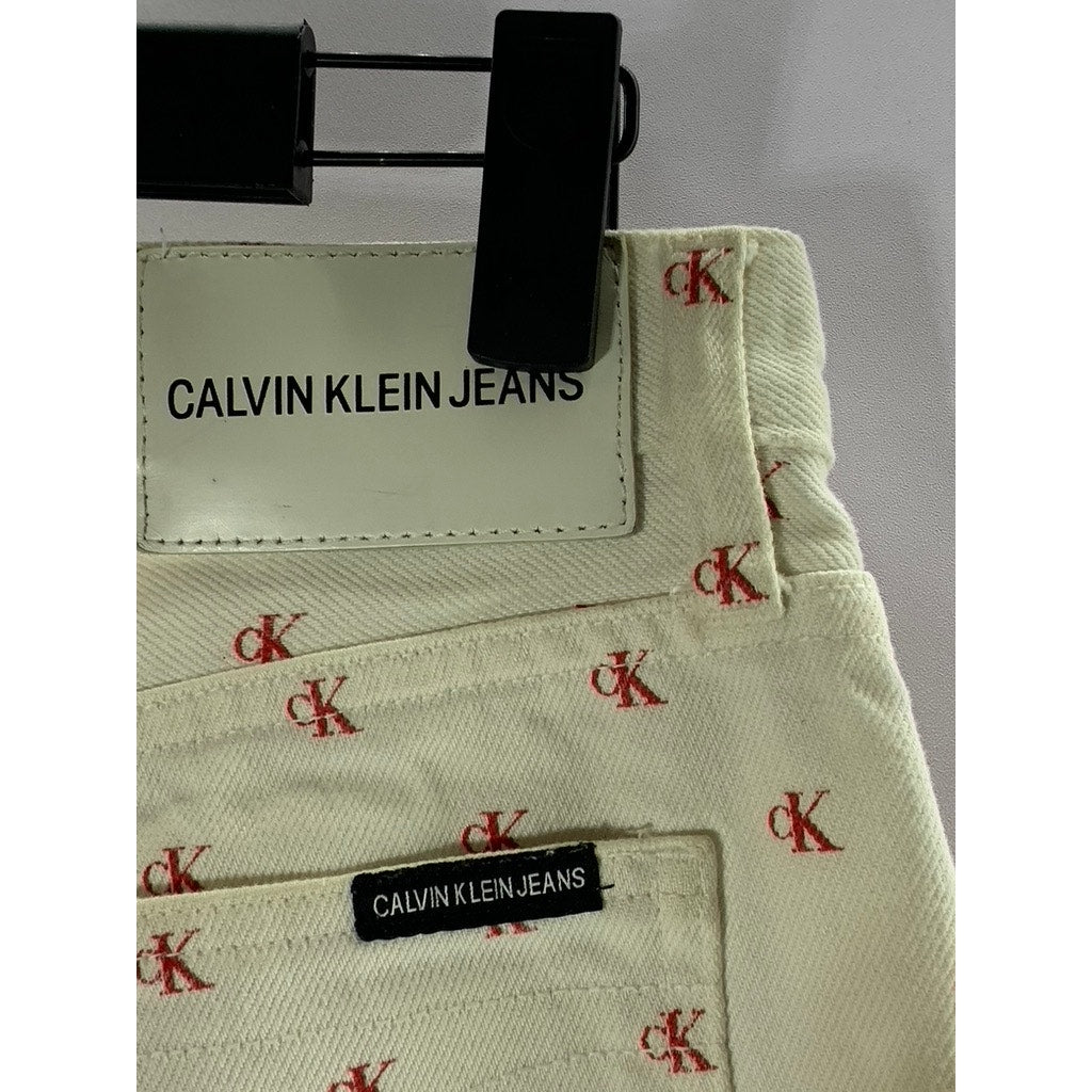 CALVIN KLEIN JEANS Women's White/Red Monogram High-Rise Straight-Leg Pants SZ 28