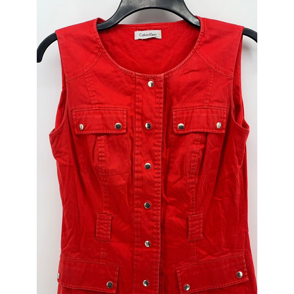CALVIN KLEIN Women’s Red Denim Button-Up Sleeveless A-Line Midi Dress SZ S