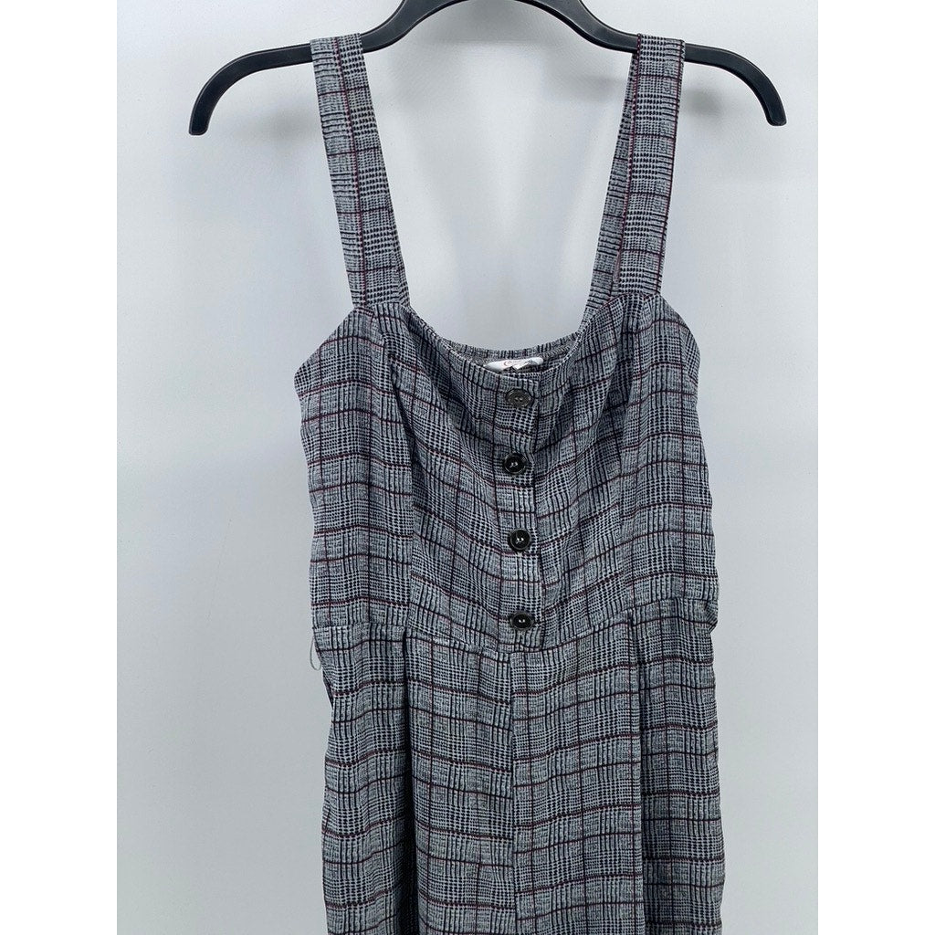 CANDIE'S Women's Gray Printed Plaid Button-Front Wide-Leg Jumpsuit SZ S
