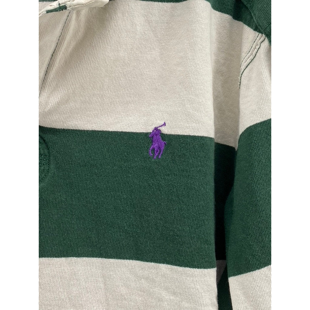 POLO RALPH LAUREN Men's Green-White Striped Custom Fit Rugby Polo Shirt SZ XL