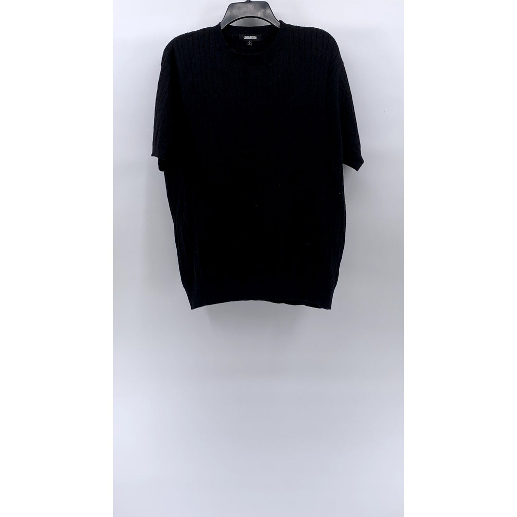 LANDMUSEUM Men's Black Cable Knit Crewneck Short Sleeve Shirt SZ L