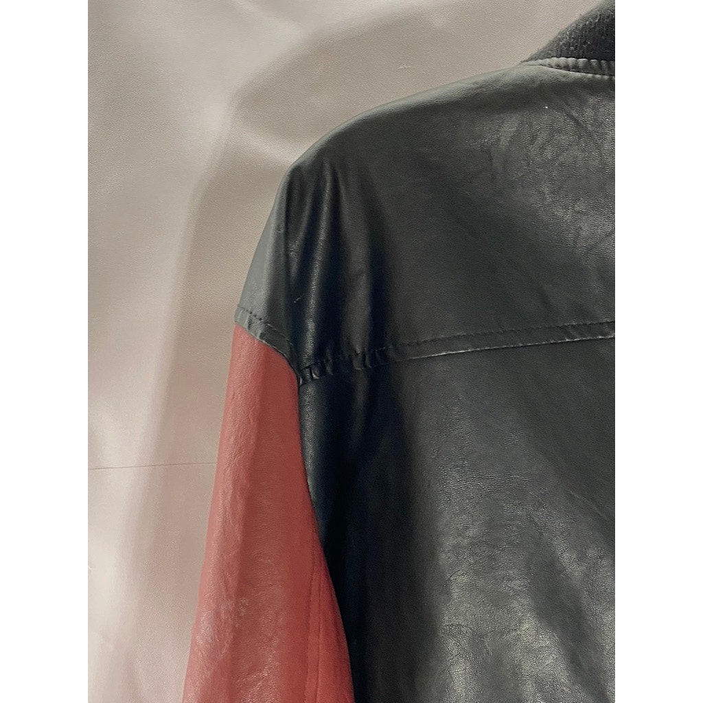 GENUINE PX Men's Vintage Black/Red Colorblock Faux-Leather Zip-Up Jacket SZ S