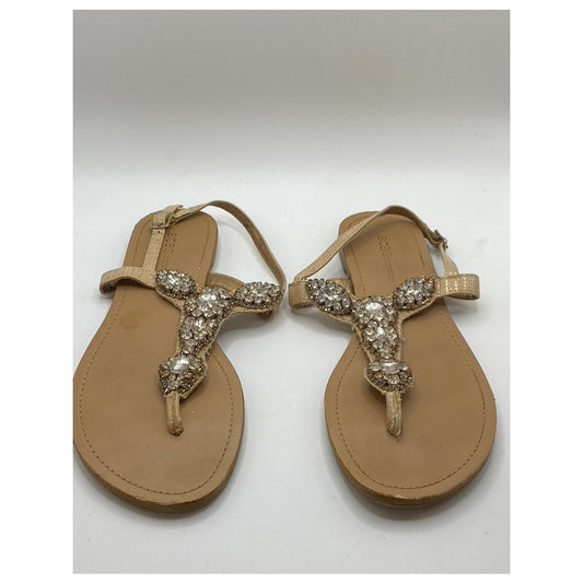 BCBGENERATION Women's Tan Rhinestone Embellished T-Strap Sandals SZ 7