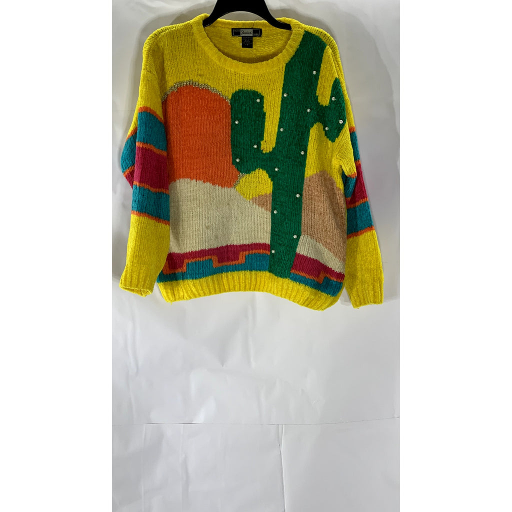FANTASTIC FASHION Women's Yellow-Multicolor Faux Pearl Cactus Knit Sweater SZ S