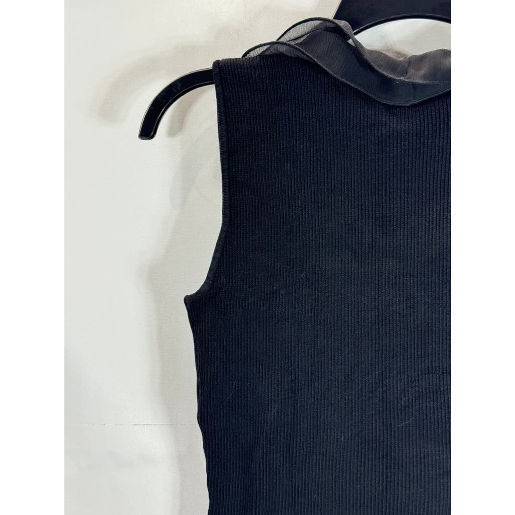 ADRIENNE VITTADINI Women's Black Ribbed Ruffle V-Neck Pullover Tank Top SZ L