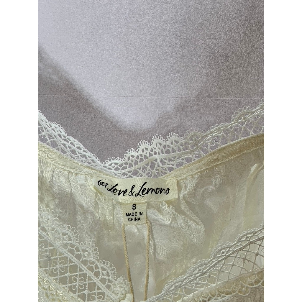 FOR LOVE AND LEMONS Women's Cream Elise Lace-Trim Floral Satin Tie-Front Top SZS