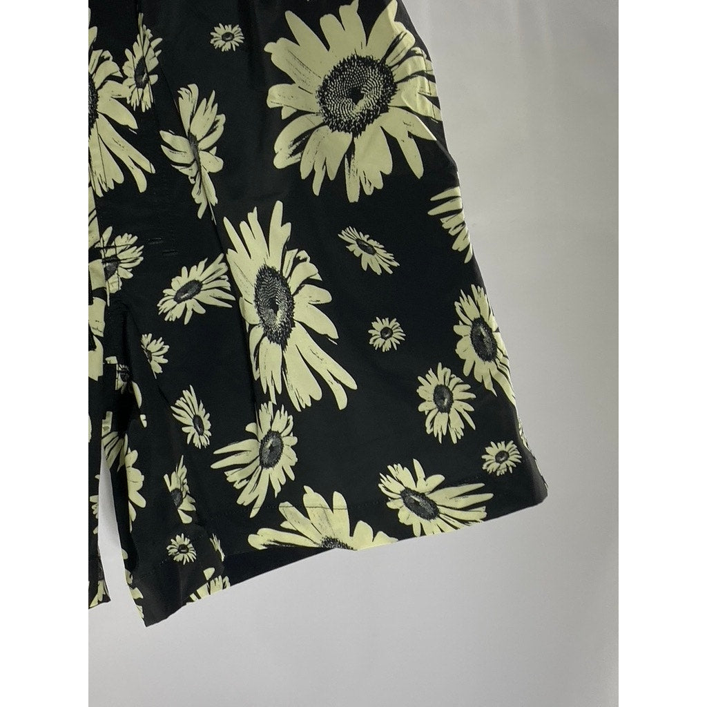 DOUBLE RAINBOUU Women's Black-Beige Large Daisy Print Elastic-Waist Shorts SZ S