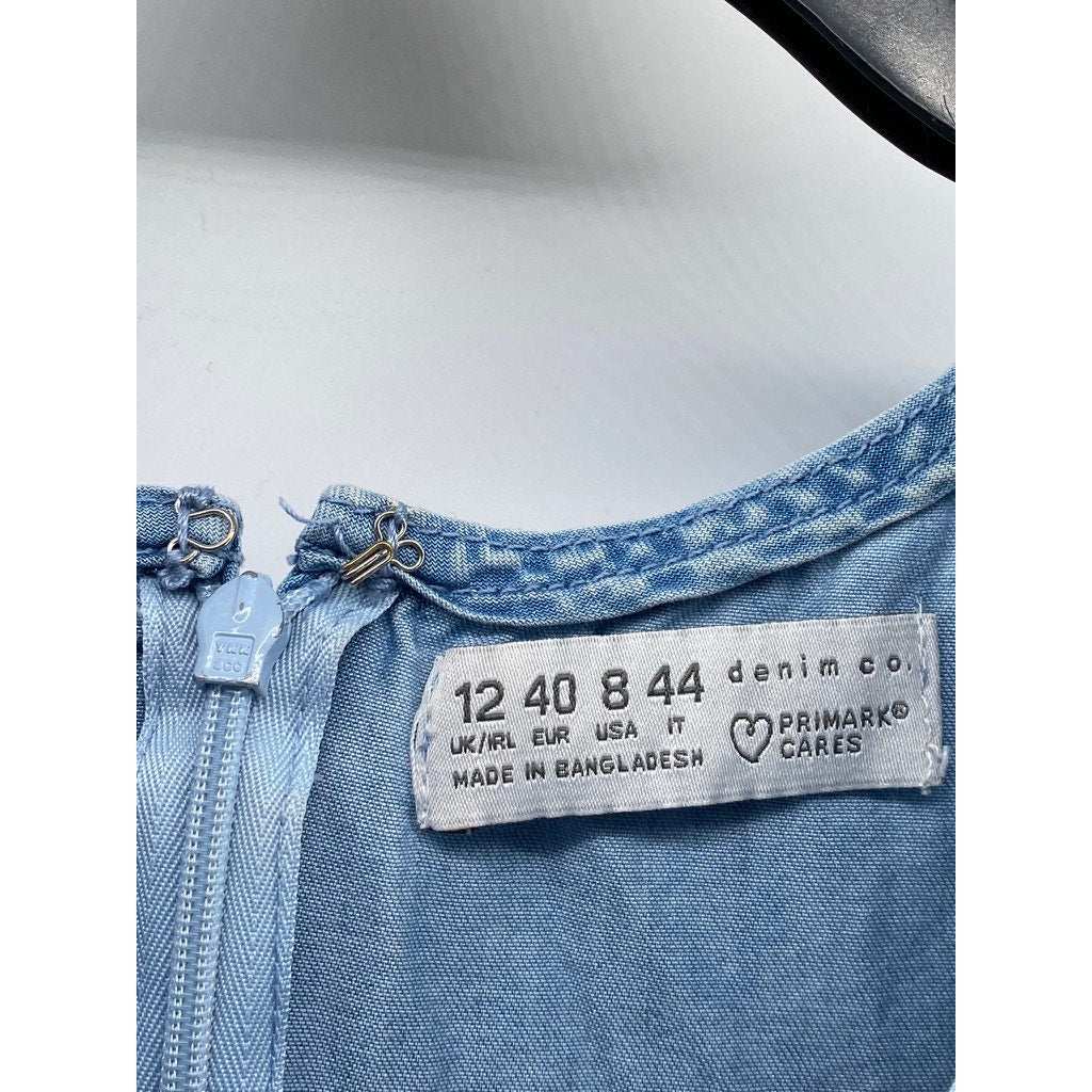 PRIMARK Women's Blue Denim Crewneck Ruffle Belted Fit & Flare Mini Dress SZ 8