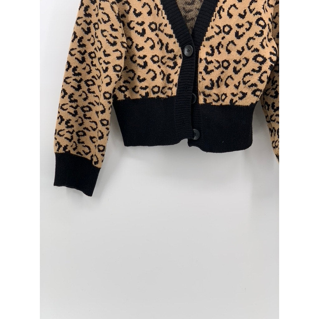 UNBRANDED Women's Black-Brown Leopard Cropped Knit Long Sleeve Cardigan SZ S