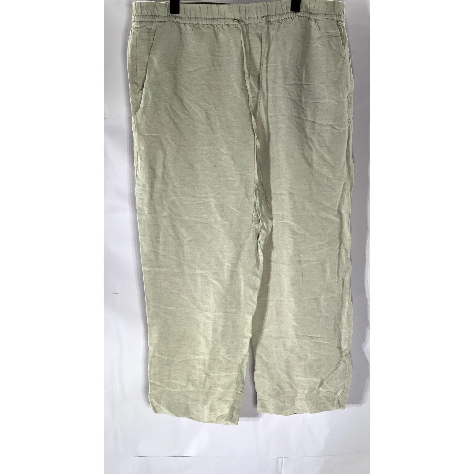 H&M Women's Beige Drawstring Waist Linen-Blend Straight-Leg Casual Pant SZ L