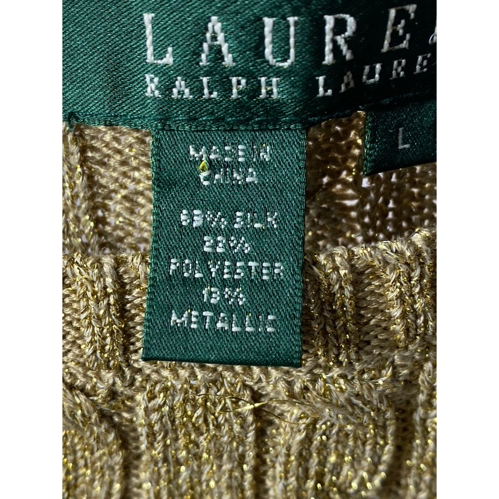 LAUREN RALPH LAUREN Women's Brown Metallic Silk-Blend Cable Knit Sweater SZ L