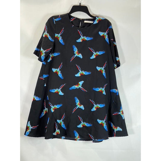 FRNCH Women's Black Bird Printed Crewneck Short Sleeve Mini Dress SZ M