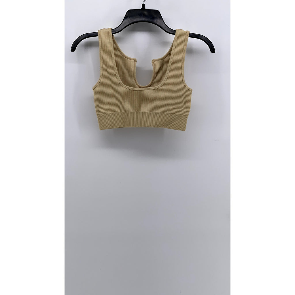 UNBRANDED Women's Tan Split Neck Ribbed Crop Top SZ S