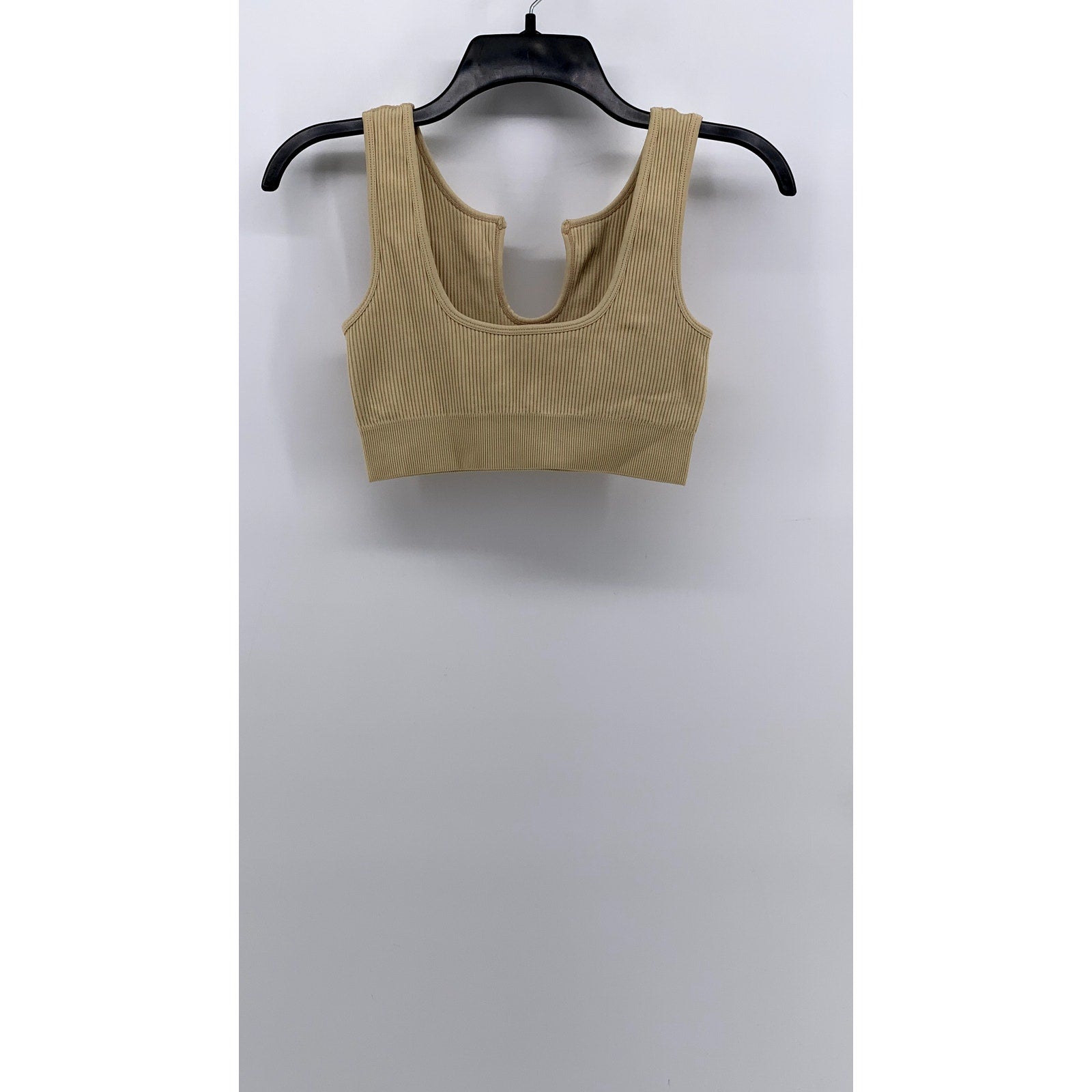 UNBRANDED Women's Tan Split Neck Ribbed Crop Top SZ S