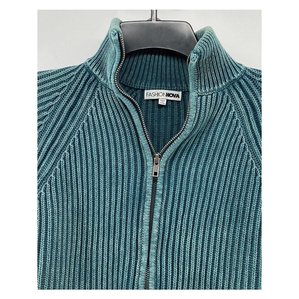 FASHION NOVA Women's Blue Green Ribbed Forward Mock Neck Zip-Up Sweater SZ XS