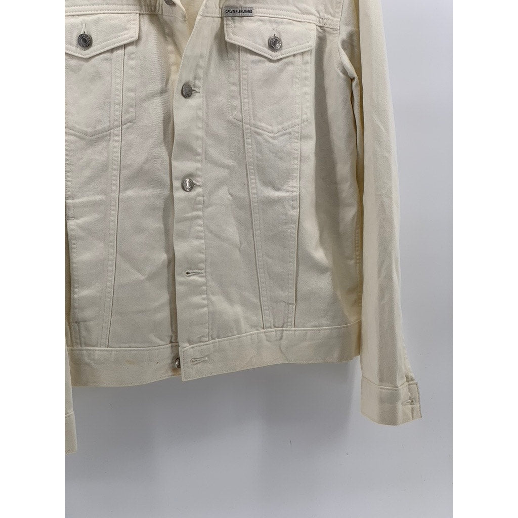 CALVIN KLEIN JEANS Men's White Denim  Button-Up Long Sleeve Trucker Jacket SZ L