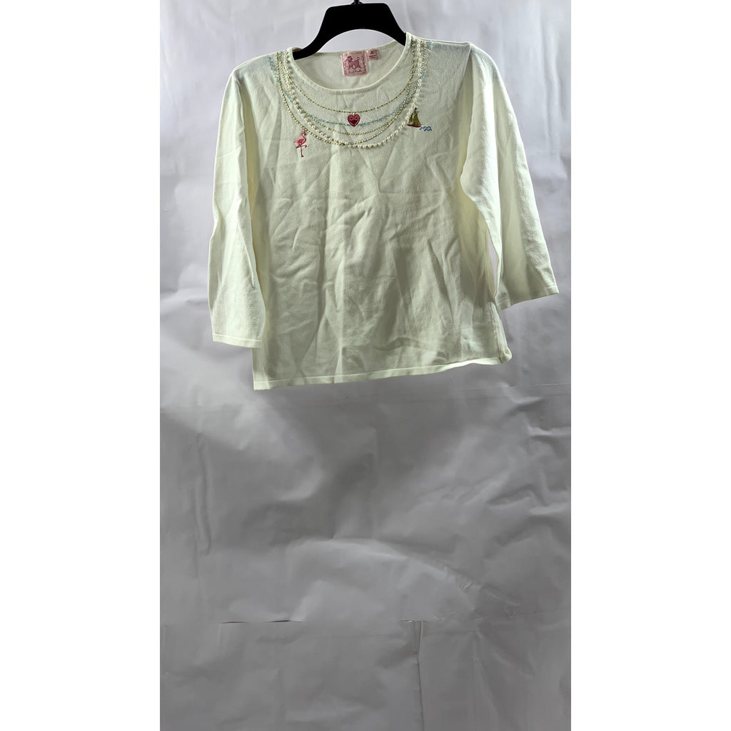 PINK POODLE Women's Cream Embroidered Faux Pearl Embellished 3/4 Sleeve Top SZ M
