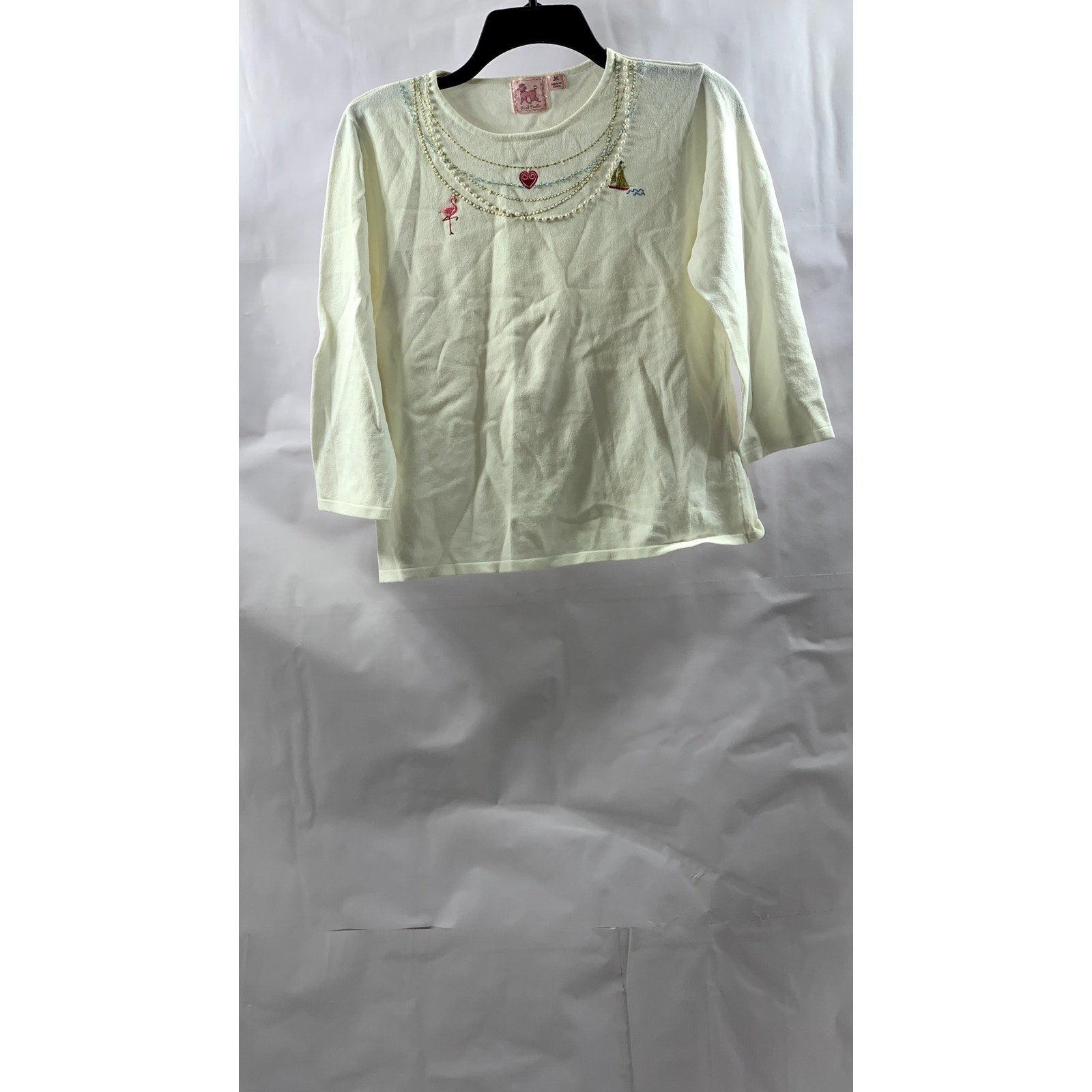PINK POODLE Women's Cream Embroidered Faux Pearl Embellished 3/4 Sleeve Top SZ M