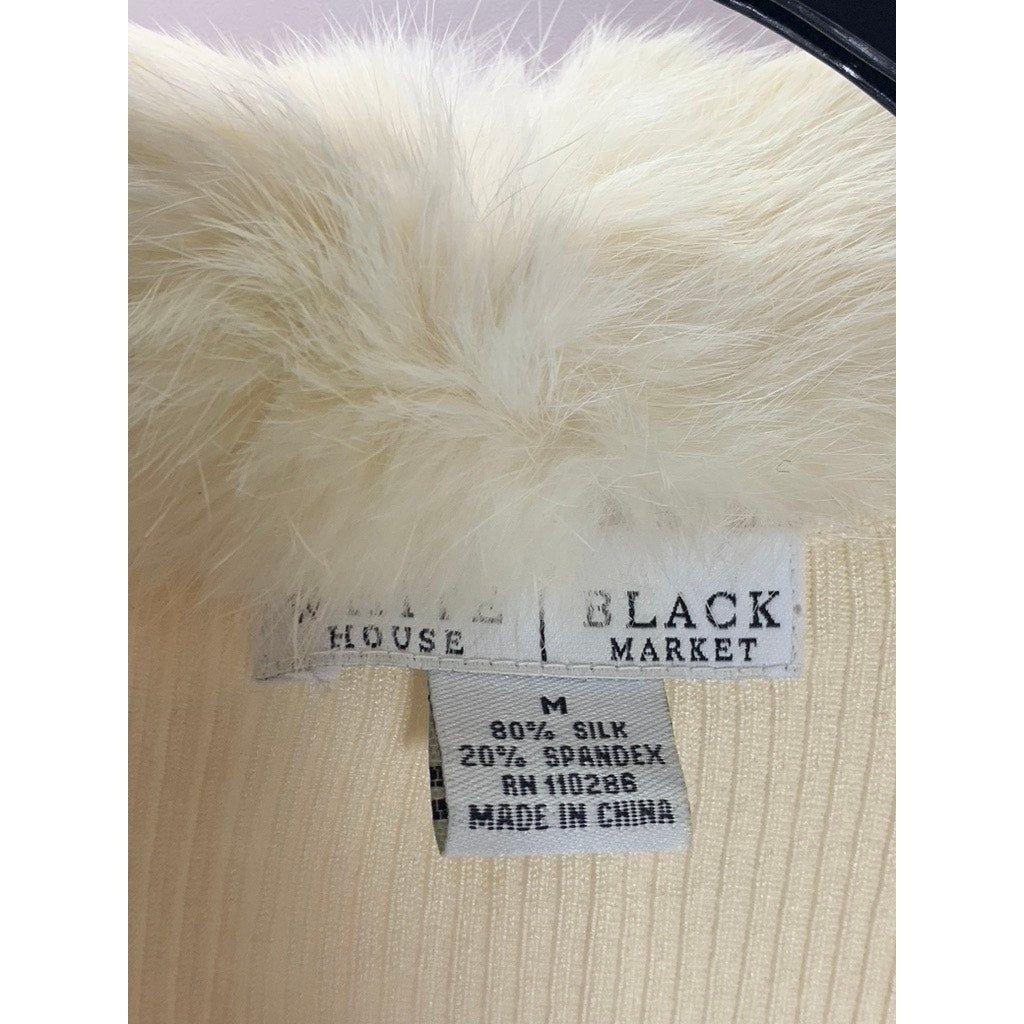WHITE HOUSE BLACK MARKET Women's Beige Fur-Collar Ribbed Button-Up Cardigan SZ M