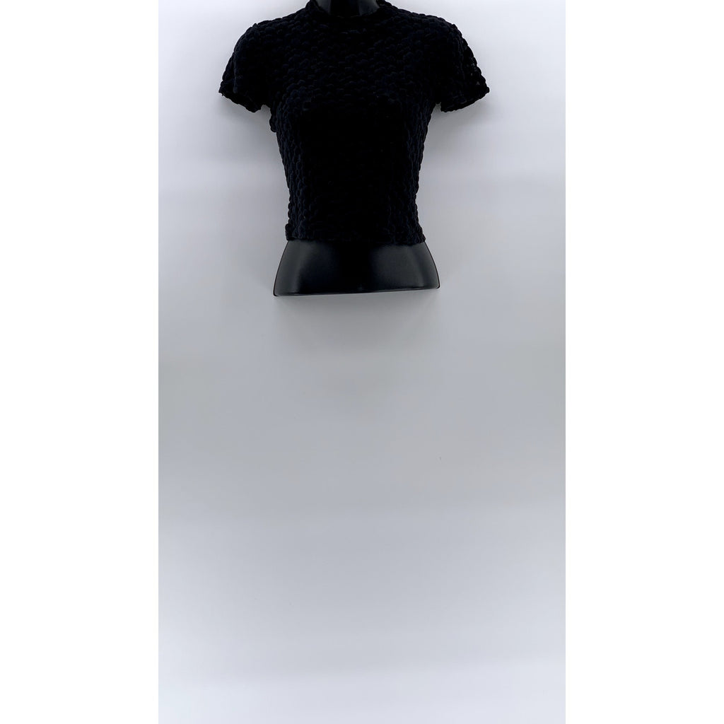 ZARA W&B Women's Black Mesh Textured Mock-Neck Short Sleeve Cropped Top SZ S