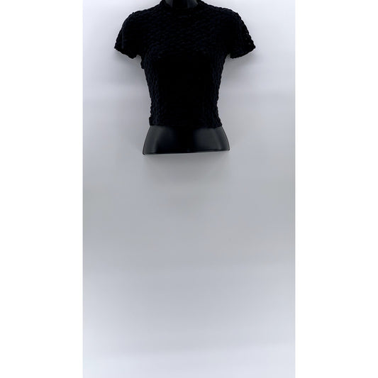 ZARA W&B Women's Black Mesh Textured Mock-Neck Short Sleeve Cropped Top SZ S
