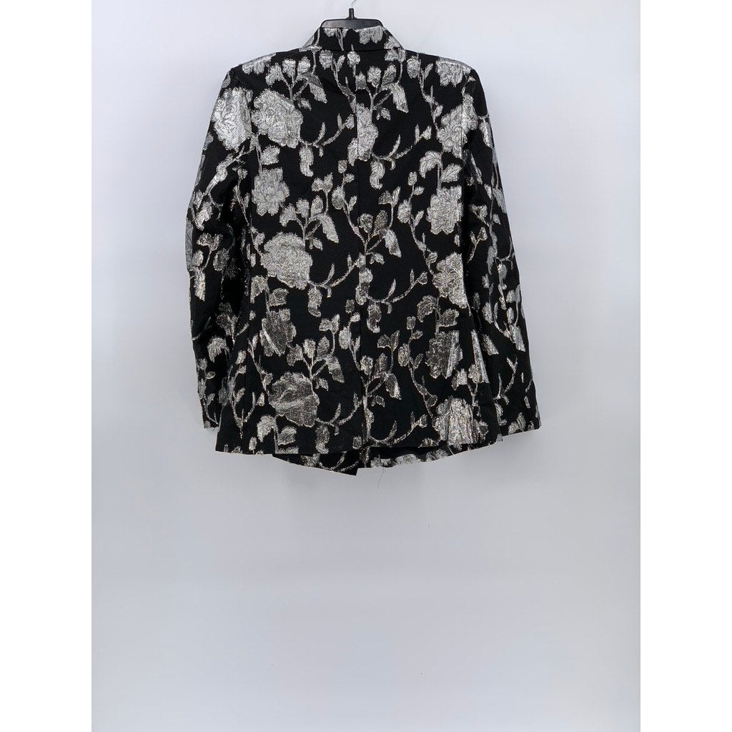 A.PEACH Women's Black-Silver Printed Double-Button Notch Collar Blazer SZ S