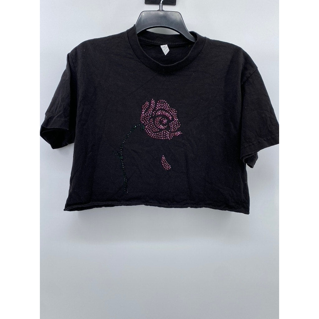 UNBRANDED Women's Black Rose Rhinestone Crewneck Short Sleeve Crop Top SZ M