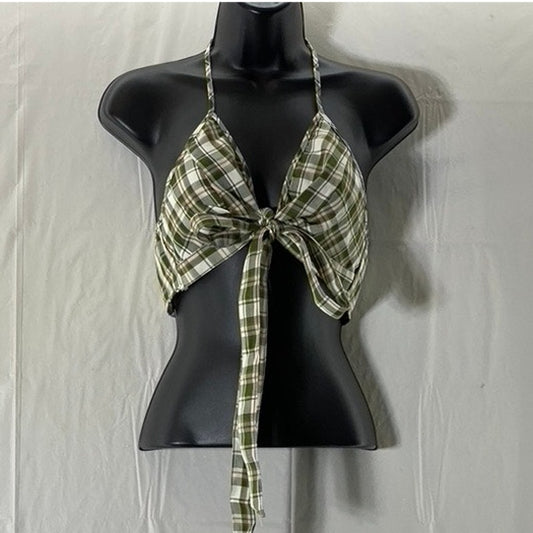 BLASHE Women's Green/Cream Plaid Tie-Knot Backless Halter Crop Top SZ L