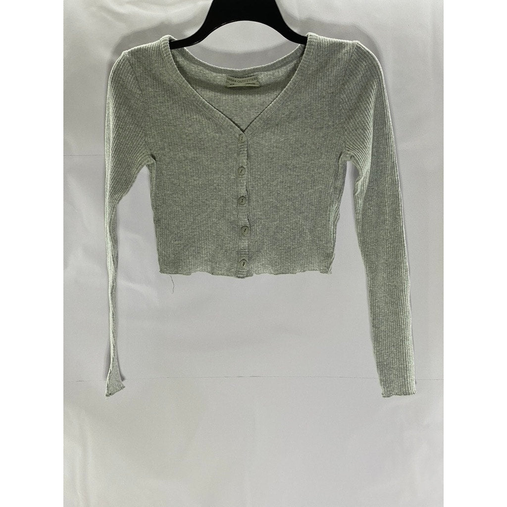 URBAN OUTFITTERS Women's Gray Ribbed Button-Front Long Sleeve Crop Top SZ M