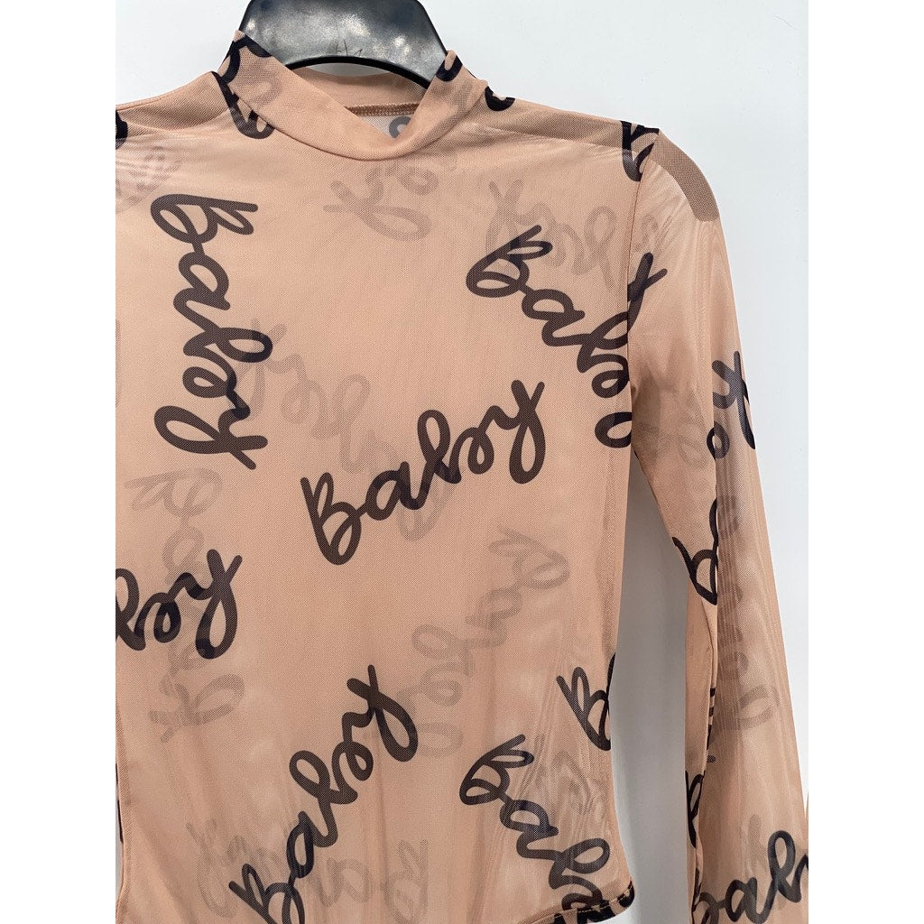 UNBRANDED Women's Tan-Black "Baby" Logo Mesh Mock-Neck Long Sleeve Bodysuit SZ S